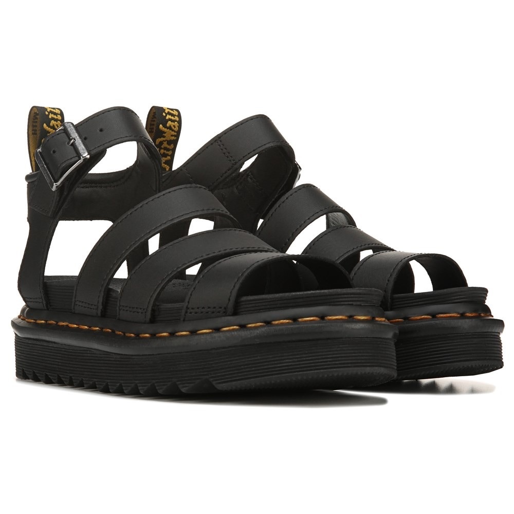 Dr. Martens Black Leather Strappy Platform Sandals with Yellow Stitching